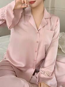 Dazy Plus Satin Fabric Loose Bowknot Lace Pajama Top And Loose Contrast Lace Pajama Pants Set, Spring/Autumn - Pink - View 4