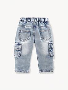 SHEIN Playful Pals Baby Boys' Washed Denim Pleated Straight Leg Casual Pants With Side Accordion Pockets - Medium Wash - View 2
