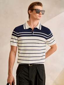 Manfinity CityGents Men's Striped Polo Collar Short Sleeve Casual Commuter Knit Top Men Stripe T Shirt College Style Pattern Polo Men Striped Polo Men Men Buttoned Knitted Polo Summer Wear For Men Men Stripe Polo Men Short Sleeve Polo