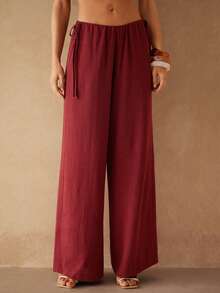Silquee Pantalones sueltos de mujer con cintura de cordón de lino - Burdeos - Ver 2