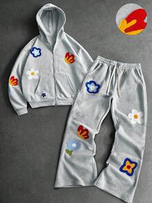 PAVTROS 男士花卉蝴蝶刺绣口袋拉链连帽衫和运动裤休闲套装，秋冬款 - 灰色 - 查看 1