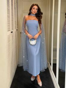 Modelyn 新款春夏优雅通勤时尚派对灰色亮片闪亮无袖连衣裙（女款） - 灰藍色 - 查看 1