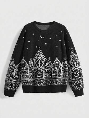 Plus Size Women Gothic Church Castle Star Moon Intarsia Pullover Sweater, Casual Autumn/Winter