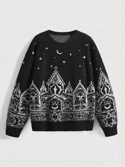 Große Größen Damen Gothic Kirche Schloss Stern Mond Intarsia Pullover, Lässig für Herbst/Winter