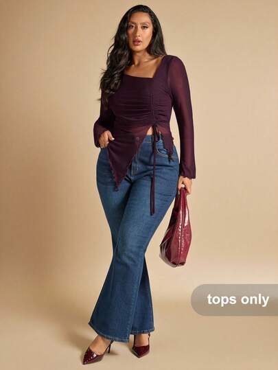 SHEIN BAE Camiseta de mujer talla grande de unicolor con cuello asimétrico, manga larga, dobladillo con cordón, dobladillo dividido, top de fiesta de té, top de mujer talla grande, top de verano para damas, top de fiesta para mujeres, Navidad, estilos acogedores de otoño e invierno, Acción de Gracias para mujeres, top de graduación, invierno para mujeres, top de noche, para mujeres talla grande, top formal, Año Nuevo, Día de San Valentín, top de cumpleaños talla grande, elegante, top sexy, top de cóctel