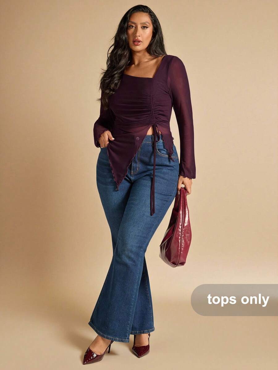 SHEIN BAE Camiseta de mujer talla grande de unicolor con cuello asimétrico, manga larga, dobladillo con cordón, dobladillo dividido, top de fiesta de té, top de mujer talla grande, top de verano para damas, top de fiesta para mujeres, Navidad, estilos acogedores de otoño e invierno, Acción de Gracias para mujeres, top de graduación, invierno para mujeres, top de noche, para mujeres talla grande, top formal, Año Nuevo, Día de San Valentín, top de cumpleaños talla grande, elegante, top sexy, top de cóctel - Café integral - Ver 1