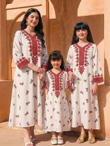 SHEIN Tween Girl Floral Print V-Neck Long Sleeve Loose Dress Long Modest Dresses For Girls - Multicolor - View 10