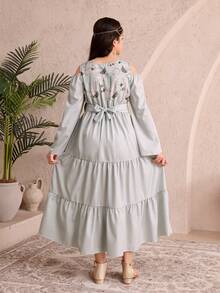 Đầm dài tay in hoa thanh lịch với cổ vuông dành cho bé gái tuổi teen, thích hợp cho mùa xuân/thu. - Màu Khaki - Xem 2