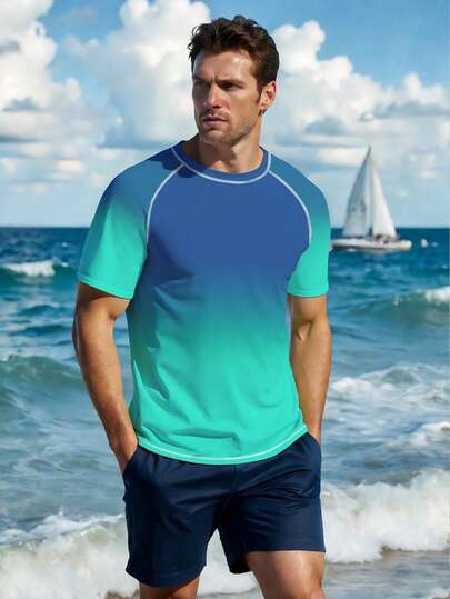 Manfinity Swimmode Men's Ombre Color Beach Vacation Rash Guard