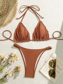 Swim Chiccia New Elegant & Fashionable Swimwear Set For Beach Vacation, Spring/Summer, Featuring Shiny Fabric, Sexy Bikini Set - Brown - View 4