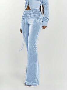 MUSERA Drawstring Tie Ruched Front Low Waist Velour Skinny Fitted Flare Trousers Bottoms Only Sexy Going Out Night Out Winter Cute Streetwear Pants - Baby Blue - View 3