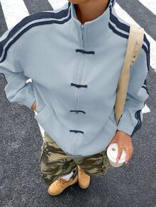 Muchica Chaqueta ligera de mujer con botones y rayas azules de estilo casual - Azul - Ver 1