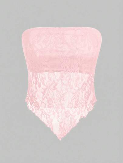 SHEIN EZwear Rosa Damen sexy lässiges Spitzen-Bandeau-Top mit asymmetrischem Saum