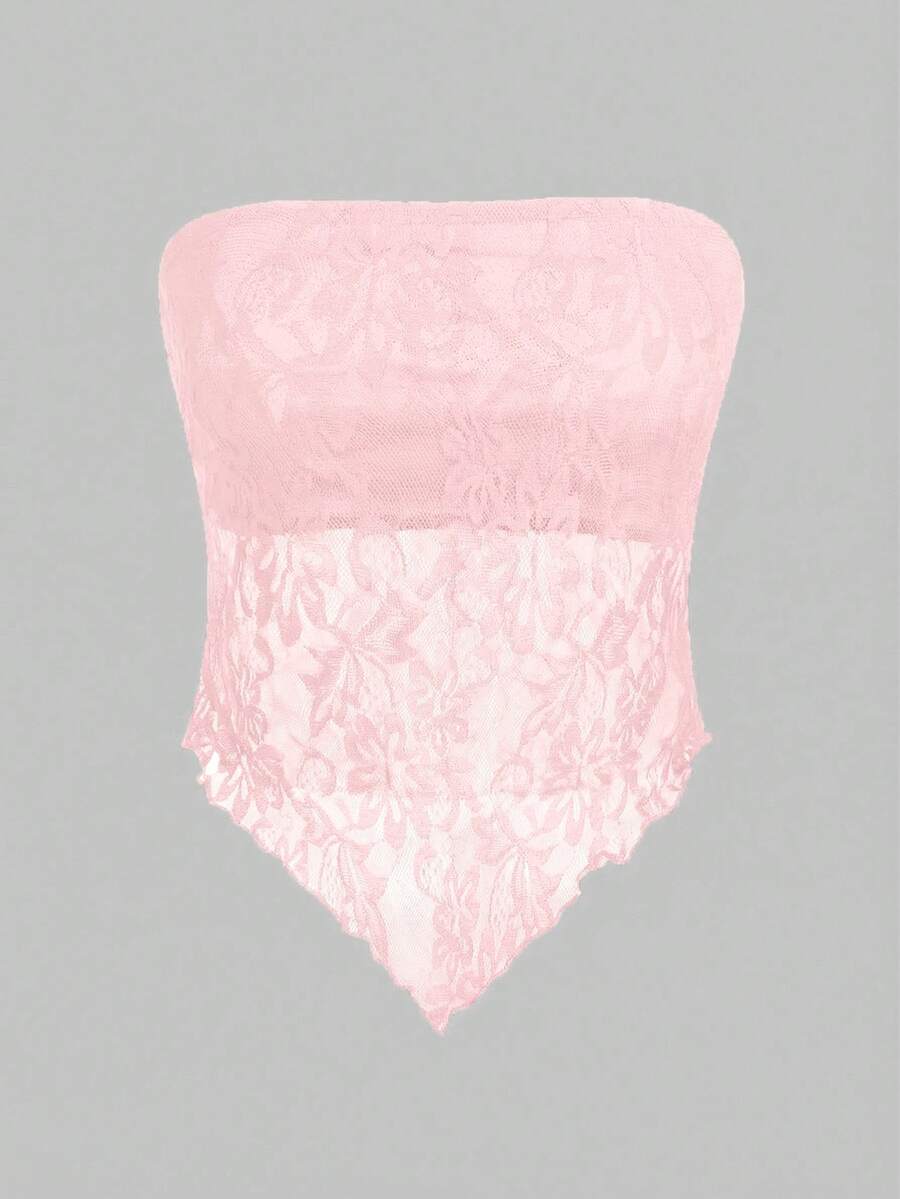 SHEIN EZwear Top bandeau ajustado con dobladillo asimétrico de tela de encaje, estilo casual y sexy para mujer, color rosa - Rosa Pálido - Ver 1