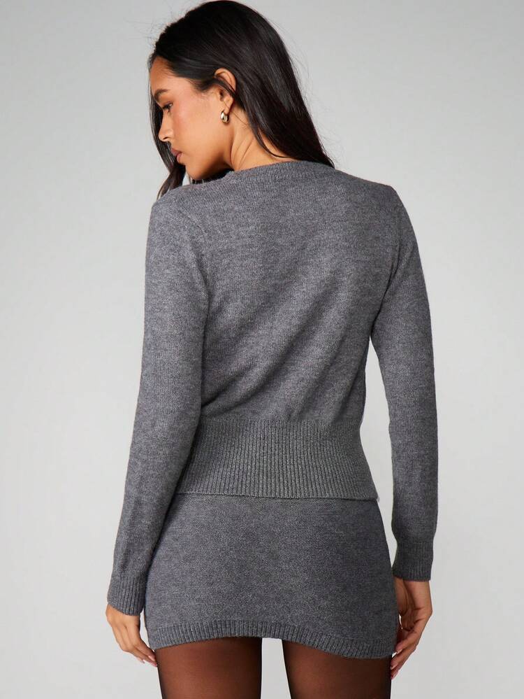 MISSGUIDED Grey Knit Cardigan Mini Skirt Co-Ord Set Winter Fall Matching Two Piece Outfit Button Front Long Sleeve
