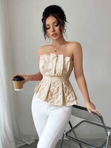 Rafferiza 女士奢华优雅花卉抹胸不对称上衣 - 杏色 - 查看 6