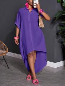 Slaydiva 大码纯色前短后长前纽扣宽松休闲连衣裙 - 紫色 - 查看 3
