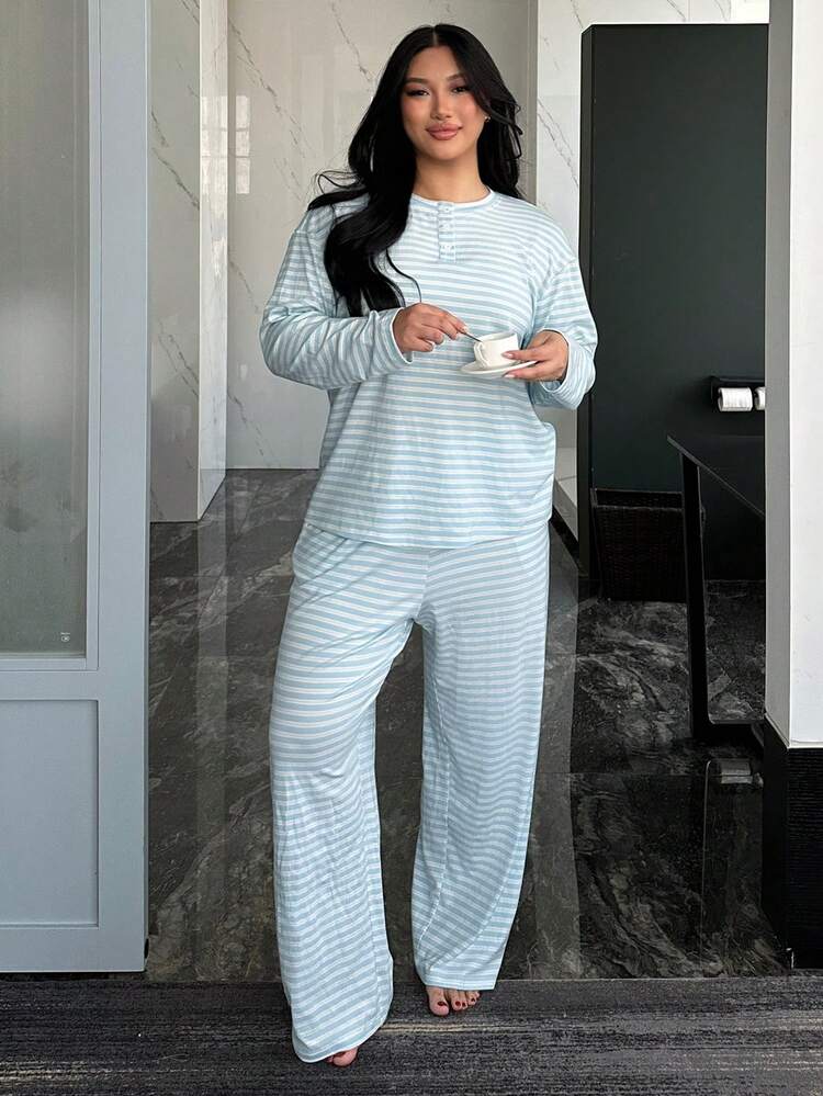 Dazy Plus 2pcs Casual Striped Loose Long Sleeve Top And Long Pants Pajama Set, Comfortable Loungewear