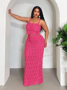 Veslaya 2025 New Sexy/Vacation/Elegant Sleeveless Hollow-Out Cropped Top And Bodycon Maxi Skirt Set - Hot Pink - View 5