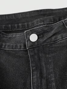 ROMWE Fairycore Quần jeans nữ cỡ lớn thêu hình nấm tối màu, dài đến 7/8, có gấu quần xắn lên. - Màu xám đen - Xem 4