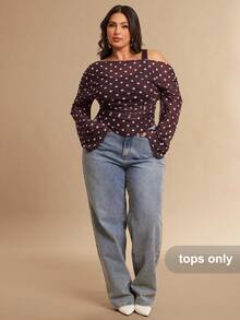 SHEIN BAE Top de Manga Longa Assimétrica Marrom Plus Size para Mulheres, Top Marrom com Bolinhas 2 em 1, Elegante para Festa de Formatura, Natal, Ano Novo, Festa Elegante