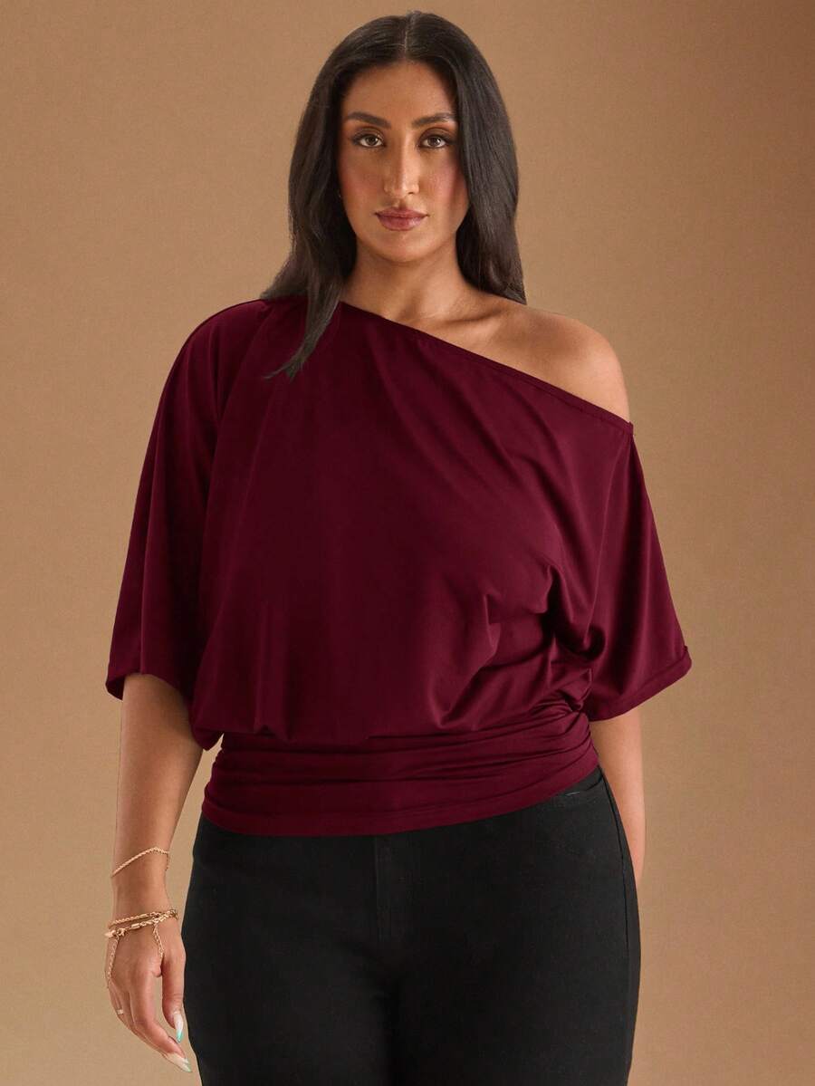 SHEIN BAE Black Casual Slash Shoulder Asymmetrical T-Shirt, Versatile For Daily Wear, Dating, Afternoon Tea, Hanging Out With Friends, All-Matching Occasions - Burgundy - View 1