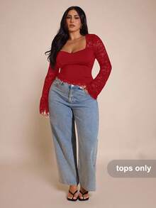 SHEIN BAE Plus Size Women Lace Patchwork Long Sleeve Top - Red - View 4