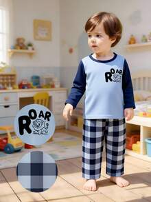 1set Young BoySpring/Autumn Cartoon Lion Print Long Sleeve Top And Pants Pajama Set