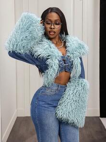 Slaydiva 女士时尚街头风拼接人造毛皮纽扣牛仔毛皮外套 - 藍色 - 查看 5