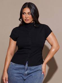 SHEIN BAE Plus Size Women Short Sleeve Mandarin Collar Button Front Fitted Top