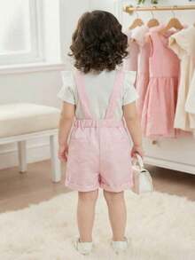 SHEIN 2pcs Cute White Knitted Short-Sleeved Ruffled Top & Pink Romper Shorts With Bow Set For Baby Girls,Perfect For Autumn Outings,Family Matching - Pink - View 3