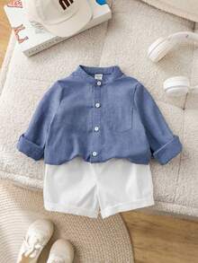 2件套男婴休闲都市风长袖立领衬衫和松紧腰短裤套装，适合生日派对、晚宴、演出、婚礼、迎婴派对、一周岁生日庆祝等场合。 - 藍白色 - 查看 6