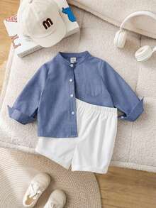 2件套男婴休闲都市风长袖立领衬衫和松紧腰短裤套装，适合生日派对、晚宴、演出、婚礼、迎婴派对、一周岁生日庆祝等场合。 - 藍白色 - 查看 11