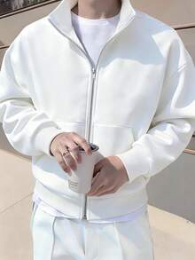 Manfinity Roghcode 男士休闲短款街头风拉链卫衣，秋季长袖上衣，情人节，春夏，送男友的礼物，狂欢节，复古，街头风，派对，圣帕特里克节，外出 - 白色 - 查看 1