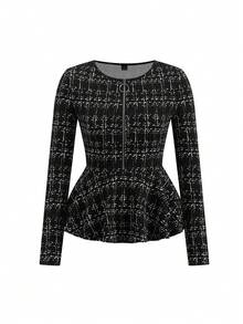 Editum 女式优雅拉链腰部修身上衣和束腰紧身裙两件套，秋冬 - 黑與白 - 查看 9