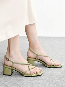 CUCCOO BIZCHIC Summer New French Square Toe Cross With Sleeve Toe Buckle Sandals Women's Thick Heel High Heel Open Toe Roman Shoes - Green - View 5