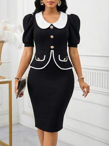 SHEIN Lady Women's Elegant Commuter Puff Sleeve Top And Skirt 2 Pieces Set - Black and White - View 5