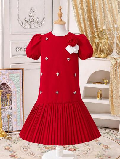 Teenage Girls' Dress: Main Color Bright Red With 3D Rose + White Bow Accent, Puff Sleeve + Pleated Skirt Flirty And Playful, Silver Jewelry Decor Exquisite Design, Traditional Arabic Festive Attire Suitable For Ramadan Celebration, Combines Childlike Innocence And Elegant Style For A Festive Standout Look~