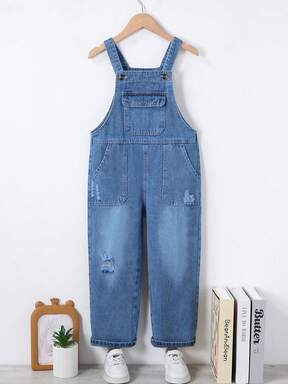 SHEIN Playful Pals 男童水洗蓝色多功能做旧牛仔背带裤