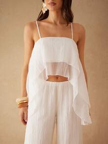 Silquee Women's White Elegant Summer Camisole,Double-Layered Asymmetrical Ruffled Hem Pleated Top For Holiday,Vacation,Beach,Party,Wedding & Everyday Wear - Apricot - View 4