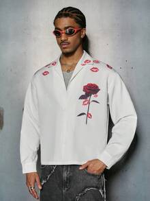 PAVTROS Men's Street-Style Floral & Lip Print Casual Long Sleeve Shirt,White And Red,Summer,Casual,Streetwear,Night,Valentine's Day Oversized Graphic - White - View 5