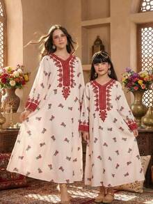 SHEIN Tween Girl Floral Print V-Neck Long Sleeve Loose Dress Long Modest Dresses For Girls - Multicolor - View 6