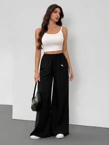 SHEIN Tall 女士休闲度假阔腿裤，饰有刺绣小马图案，适合夏季度假，黑色裤子 - 黑色 - 查看 5