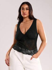 SHEIN BAE Áo kiểu nữ cỡ lớn gợi cảm màu đen họa tiết hoa, chất liệu ren lưới, phong cách đường phố, thích hợp cho các dịp thường ngày, đi chơi, hẹn hò, tiệc trà chiều, kỳ nghỉ, mùa xuân/hè. - màu đen - Xem 5