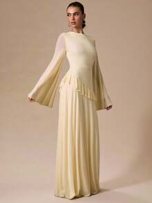 SHEIN BAE Autumn/Winter Solid Color Cream Yellow Slim Fit Long Sleeve Ruffle Hem Maxi Dress, Suitable For Cocktail Party, Romantic Date, Gathering, Formal Event, Bridesmaid Dress, Elegant Dress, Halloween Dress, Christmas Dress, New Year, Valentine's Day - Light Yellow - View 1
