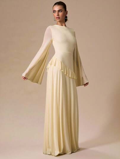 SHEIN BAE Autumn/Winter Solid Color Cream Yellow Slim Fit Long Sleeve Ruffle Hem Maxi Dress, Suitable For Cocktail Party, Romantic Date, Gathering, Formal Event, Bridesmaid Dress, Elegant Dress, Halloween Dress, Christmas Dress, New Year, Valentine's Day