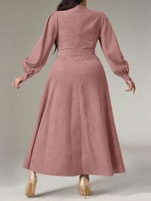 Heiryn Plus Size Women's Elegant Elegant Work Commute Solid Color Stand Collar Faux Pearl Decor Lantern Sleeve Self-Tie Belt Midi Dress, Spring/Autumn - Pink - View 2