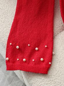 SHEIN Unity Women's Elegant Red Knitted Sweater,V-Neck Slim Fit Pullover Top With Trim For Autumn,Party,Festive Occasions,Valentine's Day And Holiday Gathering - Red - View 3