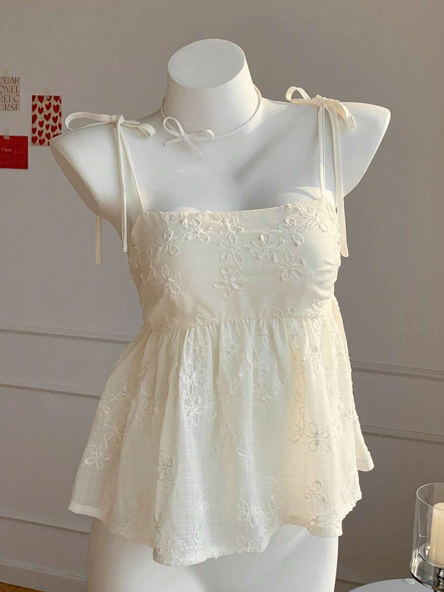 Comfortcana 大码夏季休闲纯色花卉刺绣吊带背心 - 米色 - 查看 1