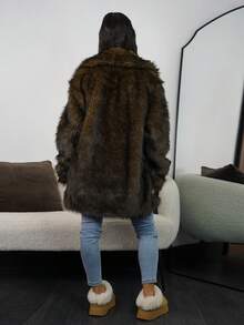 SAYEHFBABY Lapel Neck Long Sleeve Open Front Fuzzy Coat For Winter - Coffee Brown - View 2